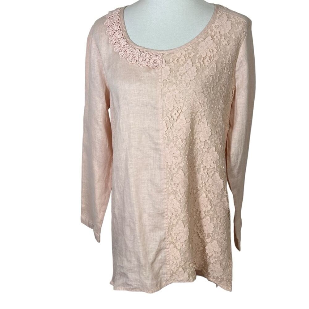 Sundance Pale Pink Linen Tunic with Lace and Shark bite Hi-Lo Detail Size L